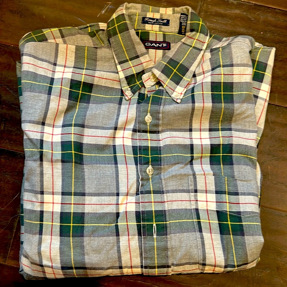 Gant long sleeve collared, cotton green plaid shirt